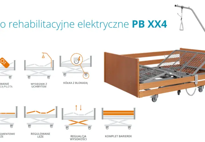 Łóżko rehabilitacyjne elektryczne PB XX4 z regulacją wysokości i pilotem. Wymiary łóżka dostosowane do potrzeb pacjenta.