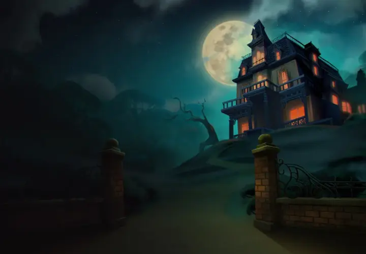 Una casa stregata (haunted house) si erge su una collina sotto una luna piena, con luci arancioni che brillano dalle finestre.