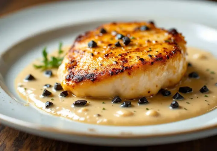 Un plat invité : un pavé de poisson doré, nappé d'une sauce onctueuse parsemée d'olives noires et d'une touche de persil.