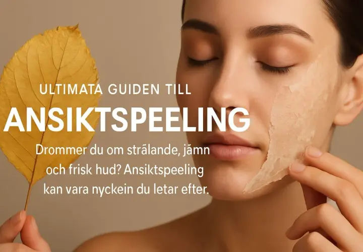 En kvinna med slutna ögon drar försiktigt bort ett lager av peeling från sitt ansikte, som om hon avslöjar ny, strålande hud.