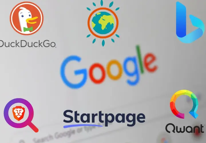 Logo wyszukiwarek: DuckDuckGo, Google, Bing, Startpage, Brave i Qwant. Qwant wyszukiwarka stawia na prywatność.