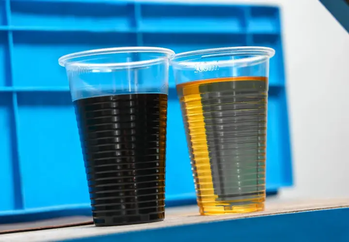 Dwa kubki z płynami: ciemny olej i jasny olej, porównanie stanu po użyciu i nowego. Może to być test filtra oleju skrzyni biegów.