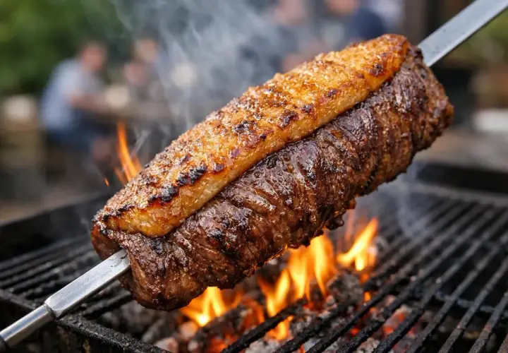 Une succulente picanha grillée sur des braises ardentes, fumant délicieusement. La graisse croustillante et la viande juteuse promettent un festin.