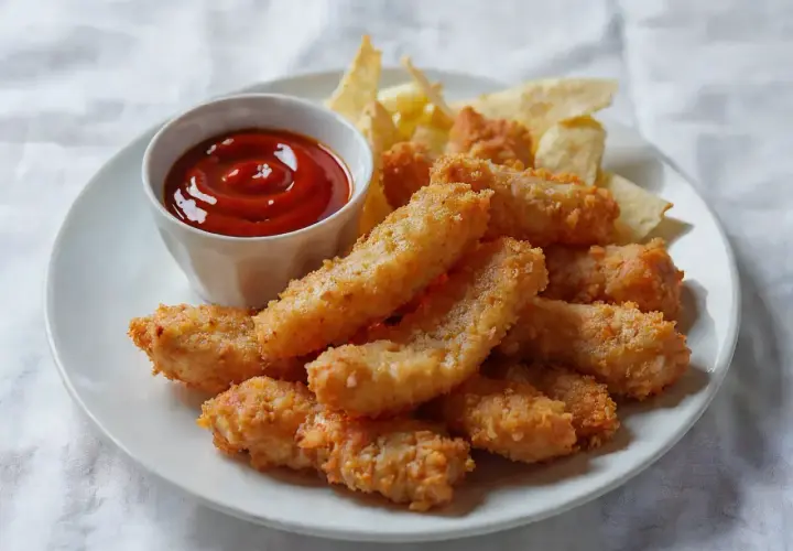 Chrupiące strips kurczaka w panierce, podane z ketchupem i chipsami. Idealna przekąska na imprezę.