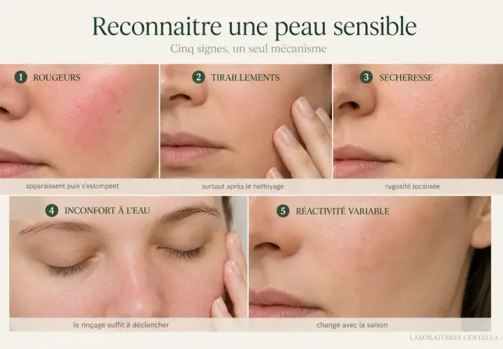 Cinq signes de peau réactive visage : rougeurs, tiraillements, sécheresse, inconfort à l'eau, réactivité variable.