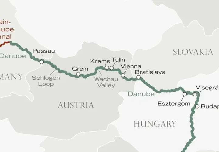 Map showing the route from Passau to Vienna along the Danube River, passing through Germany, Austria, Slovakia, and Hungary.