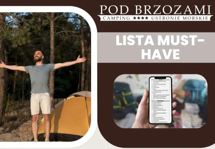 Mężczyzna z radością wita biwak, a lista "must-have" na telefonie podpowiada, co zabrać na biwak.