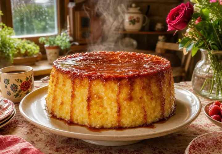 Un délicieux gâteau de riz crémeux, nappé d'un caramel doré et dégoulinant. Vapeur s'échappant, invitant à la dégustation.