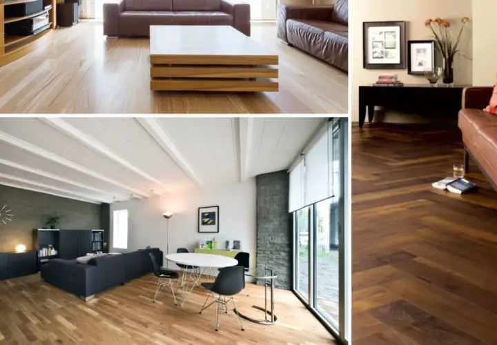 Soggiorni moderni con pavimenti in laminato effetto legno, da chiaro a scuro, in diverse pose.