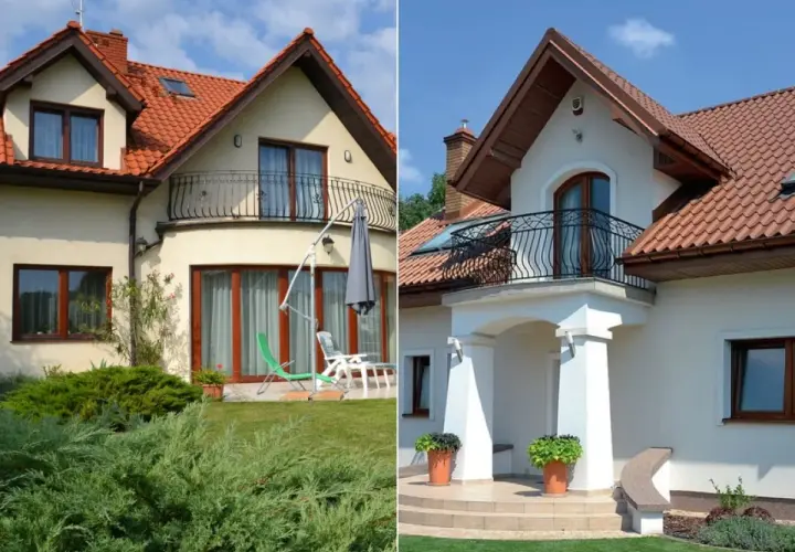 Dwa domy z dachówką i balkonami. Na jednym z nich widać lukarnę.