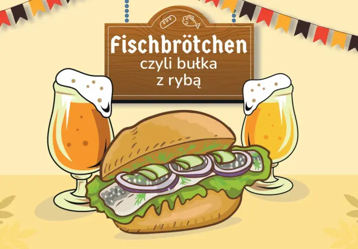 Kanapka po niemiecku, czyli Fischbrötchen z rybą, sałatą i cebulą, obok dwóch piw.