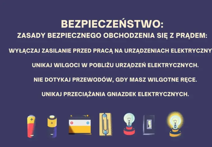 Bezpieczeństwo z prądem: zasady, co to jest prąd elektryczny, jak go bezpiecznie używać. Ilustracje baterii, żarówki, gniazdka.