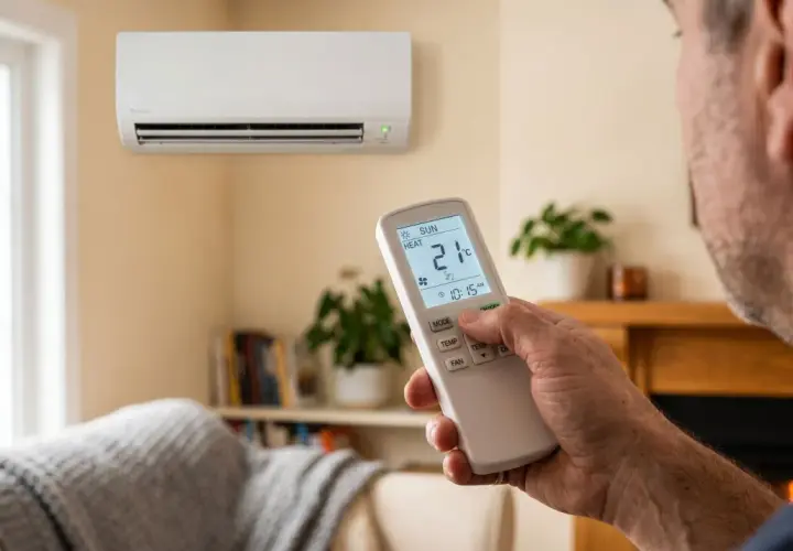 Hombre ajustando el aire acondicionado en modo calor a 21°C. El control remoto muestra el significado de "heat" para combatir el frío.