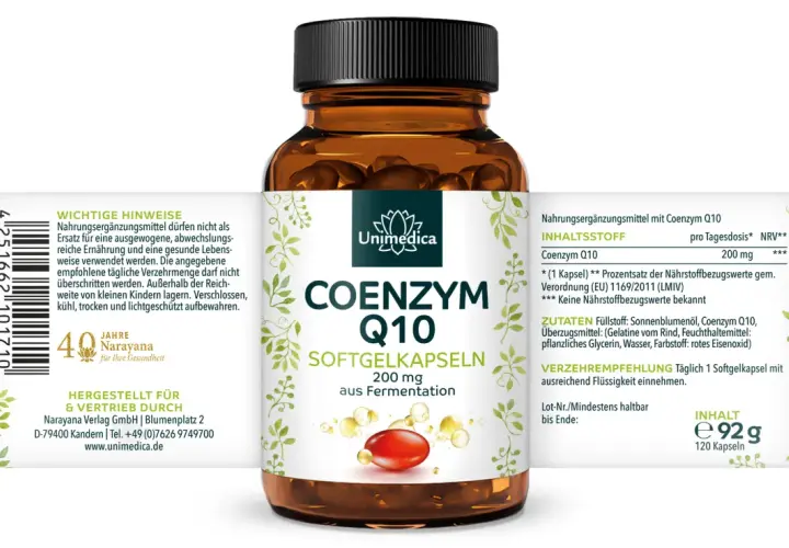 Unimedica Coenzym Q10 Softgelkapseln: 200 mg pro Kapsel. Täglich 1 Kapsel einnehmen, um die empfohlene Tagesdosis zu erreichen.
