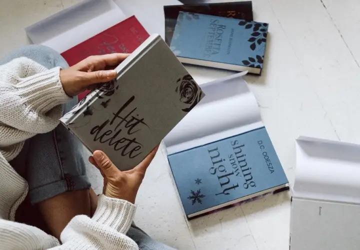 Une personne feuillette des livres aux couvertures élégantes, dont "Hit delete" et "Shining snow night". Ces éditions font partie des plus belles éditions de livres.