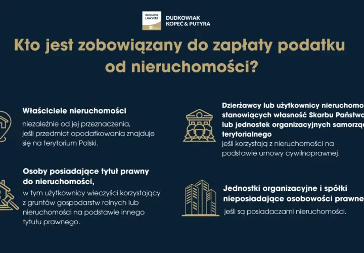 Kto płaci podatek od nieruchomości? Właściciele, posiadacze tytułu prawnego, dzierżawcy i użytkownicy nieruchomości Skarbu Państwa lub samorządu, a także jednostki organizacyjne bez osobowości prawnej.