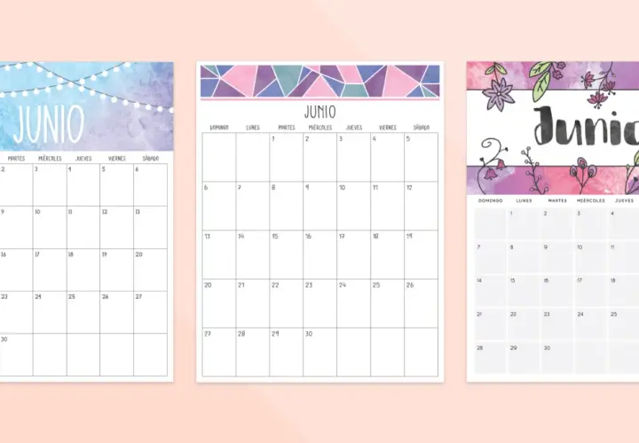Tres calendarios del mes de junio con decoraciones: luces de feria, formas geométricas y flores.