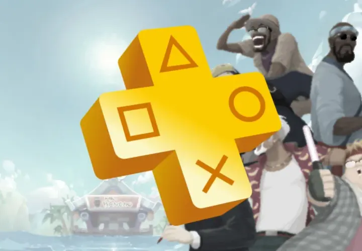 Żółte logo PS Plus z symbolami przycisków, na tle letniej sceny z ludźmi i budynkiem "Mr. Bancho". Gry na kwiecień!