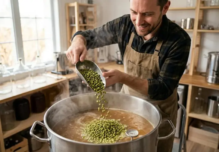 Un brasseur ajoute du houblon à une grande marmite bouillante, suivant une recette pour sa bière maison.