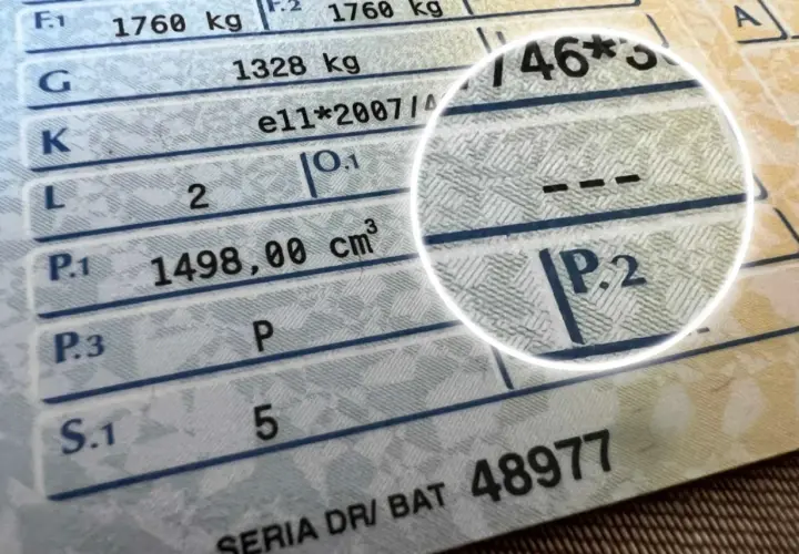 Fragment dowodu rejestracyjnego z zaznaczonym polem P.2, gdzie widnieje wpis o1.