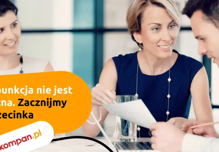 Trzy osoby przy stole omawiają dokumenty. Napis: "Interpunkcja nie jest straszna. Zacznijmy od przecinka".