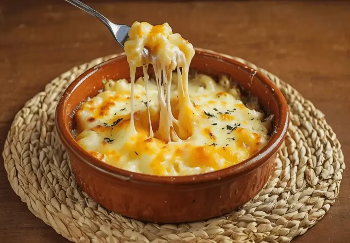 Un tenedor levanta pasta con queso fundido, mostrando un delicioso provolone al horno con hierbas espolvoreadas.