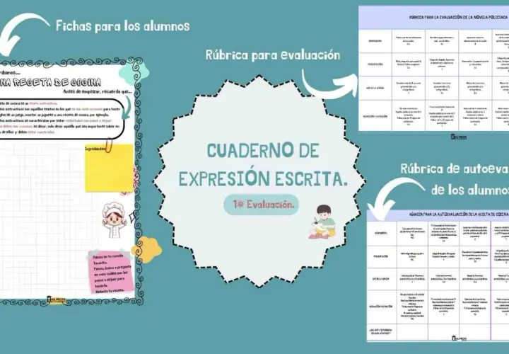 Cuadernillo de expresión escrita para imprimir, con actividades sobre recetas de cocina y rúbricas de evaluación.
