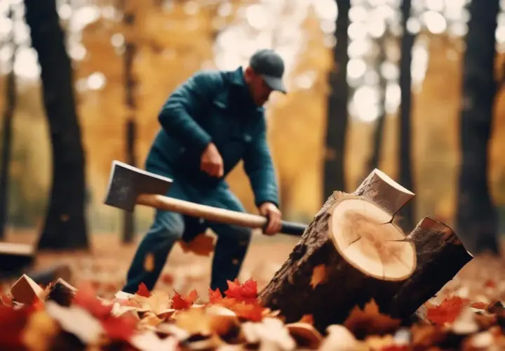 Un homme coupe du bois de chauffage en automne. Les feuilles tombées jonchent le sol.