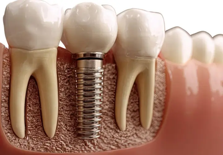 Dettaglio di un impianto dentale in titanio, parte di un processo di implantologia a carico immediato, che sostituisce una radice dentale.