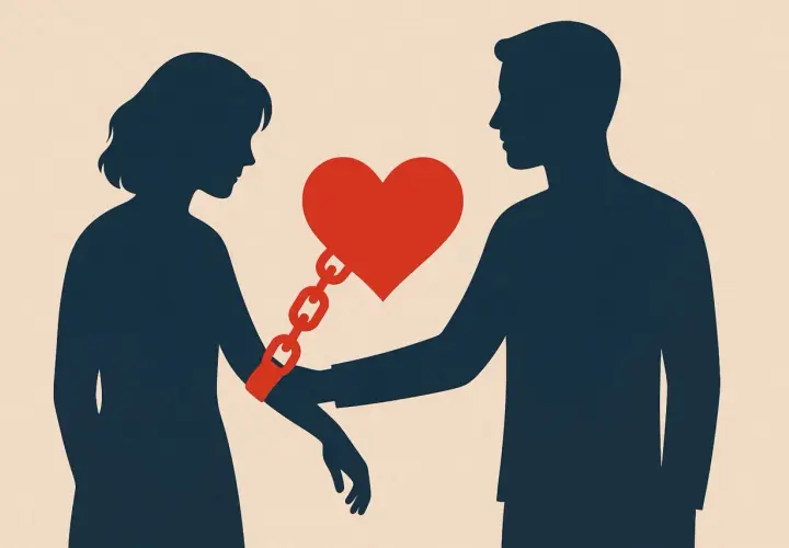 Silhouette di coppia legate da una catena a forma di cuore, simbolo di dipendenza affettiva.