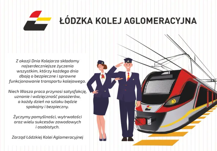 Z okazji Dnia Kolejarza życzenia dla pracowników ŁKA. Dwa uśmiechnięte postacie w strojach kolejarskich i nowoczesny pociąg.
