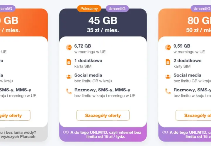 Oferty Orange #mam5G: 30 GB za 30 zł, 45 GB za 35 zł, 80 GB za 50 zł. Rozmowy i SMS-y bez limitu do wszystkich i pakiet internetu Orange.