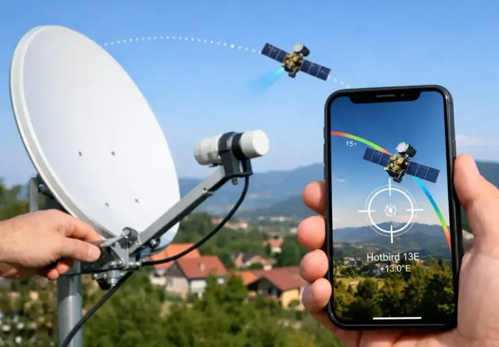 Ustawianie anteny satelitarnej z pomocą telefonu. Aplikacja pokazuje satelitę i kierunek, jak ustawić antenę.