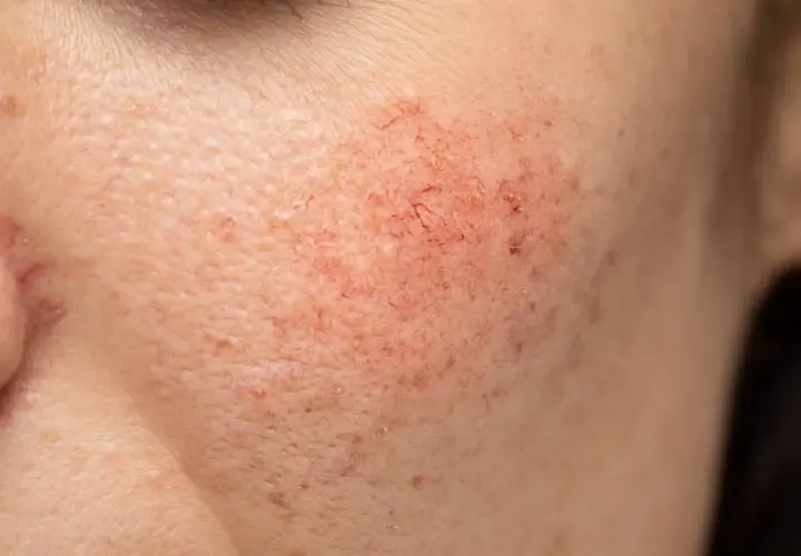 Gros plan sur une joue présentant des rougeurs diffuses, des télangiectasies et des petites pustules, symptômes typiques de la rosacée pustuleuse.