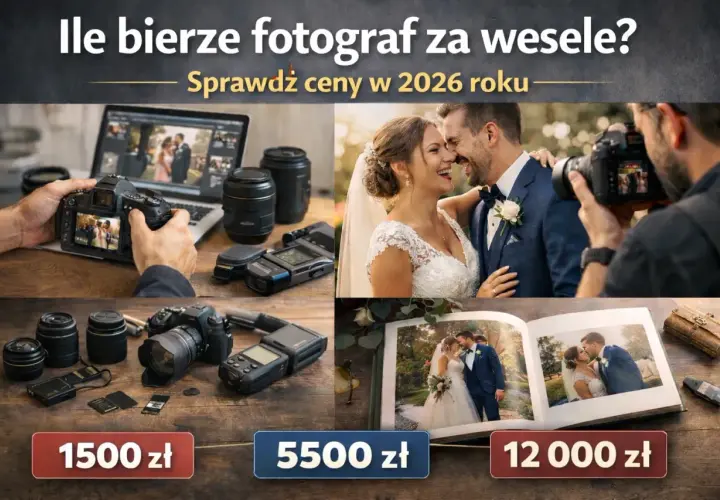 Zdjęcie przedstawia sprzęt fotograficzny, parę młodą i album ślubny z cenami.