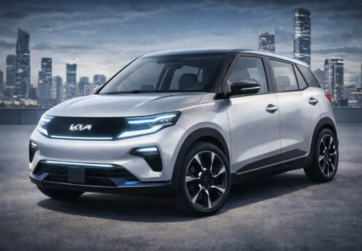 La Kia EV1, un'auto elettrica dal design futuristico, si staglia contro uno skyline urbano al tramonto.