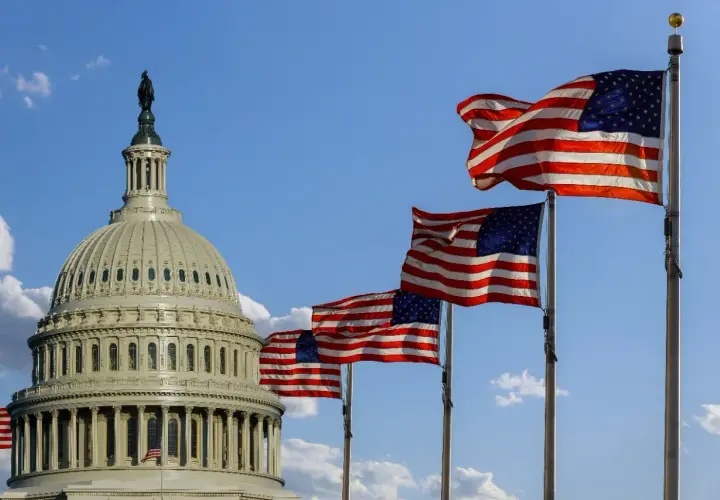 US Capitol dome with multiple American flags waving. This scene evokes patriotism, perhaps a reminder of government contracts and what is fedbizopps.