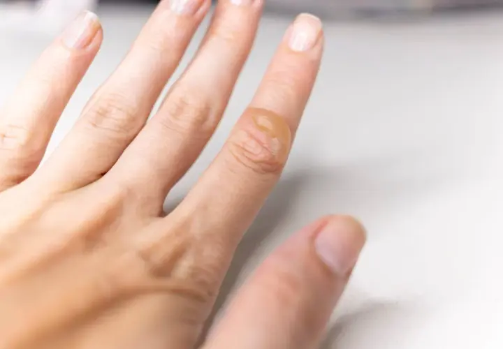 Gros plan sur une cloque de brûlure sur un doigt, suggérant des méthodes pour comment soigner une cloque de brûlure naturellement.