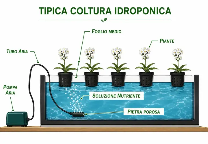 Sistema idroponico con piante in vasi a rete immersi in soluzione nutriente. Pompa d'aria ossigena l'acqua, essenziale per la crescita delle piante, inclusa l'assimilazione di azoto.