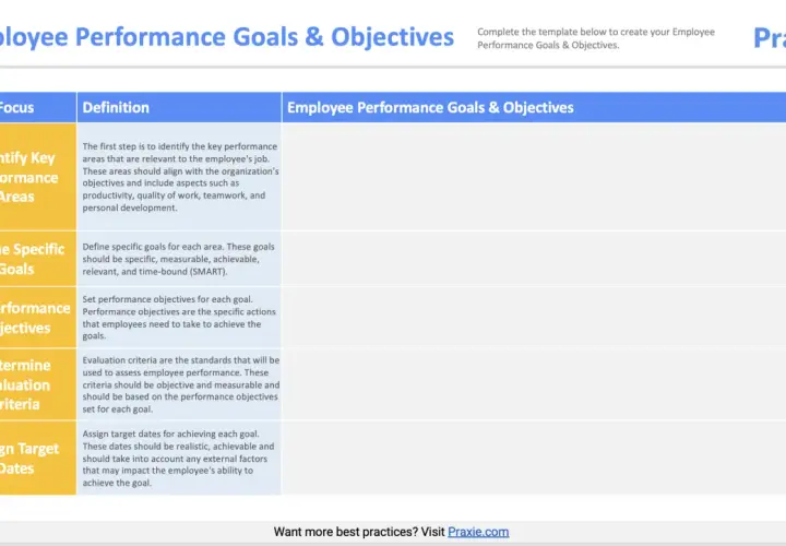 Table outlining employee performance goals & objectives, including focus areas like "Identify Key Performance Areas" and "Define Specific Goals," offering examples of performance objectives.