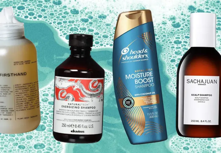 Cuatro botellas de champú: Firsthand, Davines, Head & Shoulders y Sachajuan. El mejor champú para tu cabello.