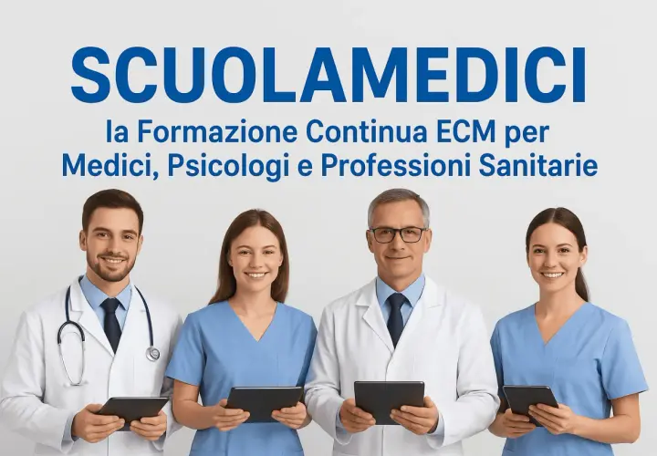 Quattro professionisti sanitari sorridono tenendo tablet. SCUOLAMEDICI offre formazione continua ECM, che significa aggiornamento per medici e psicologi accreditati.