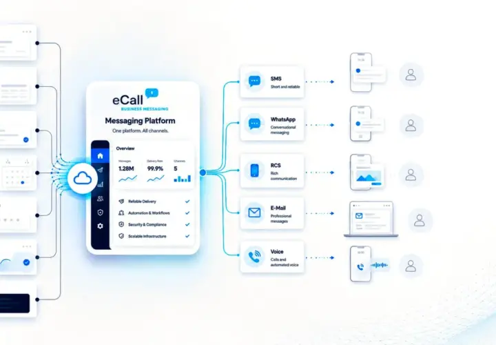 Die eCall Messaging Plattform integriert verschiedene Kanäle wie SMS, WhatsApp, RCS, E-Mail und Voice. Das Lieferavis ist hierbei ein wichtiger Bestandteil für die Zustellungsrate.