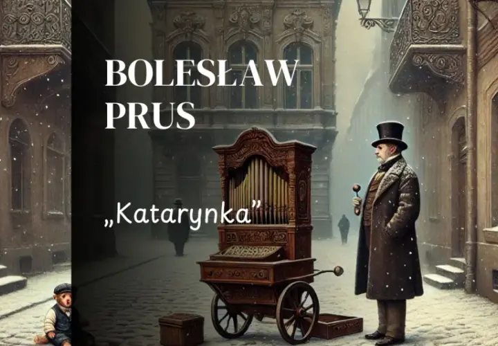 Bolesław Prus i jego „Katarynka” na zimowej uliczce. Stary grajek z katarynką, chłopiec i rowery w śniegu.