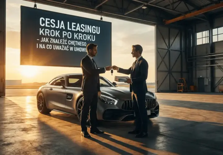 Dwóch mężczyzn w garniturach przekazuje sobie kluczyki od luksusowego auta. Na ekranie widnieje napis "Cesja leasingu krok po kroku".