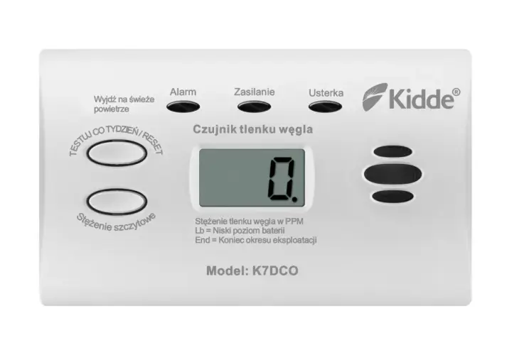 Czujnik czadu Kidde K7DCO, który pika co 30 sekund, pokazuje 0 PPM.