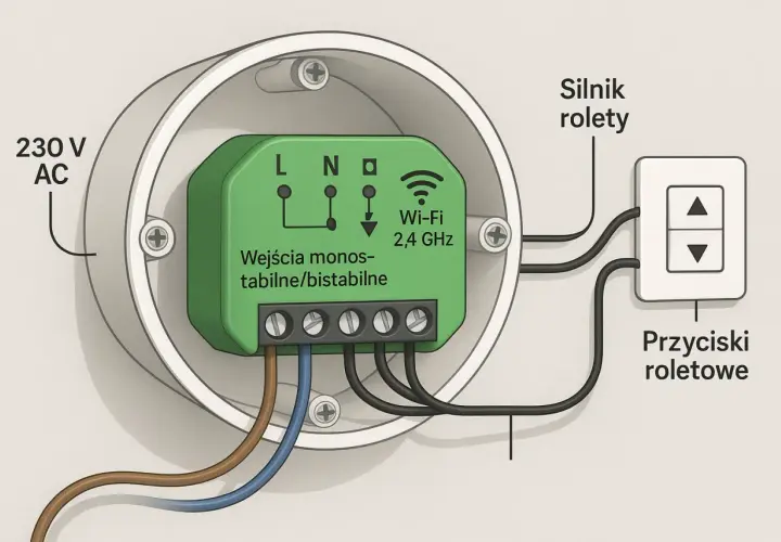 Inteligentny wyłącznik do rolet zewnętrznych zasilany 230V AC, sterowany przez Wi-Fi, podłączony do silnika i przycisków roletowych.