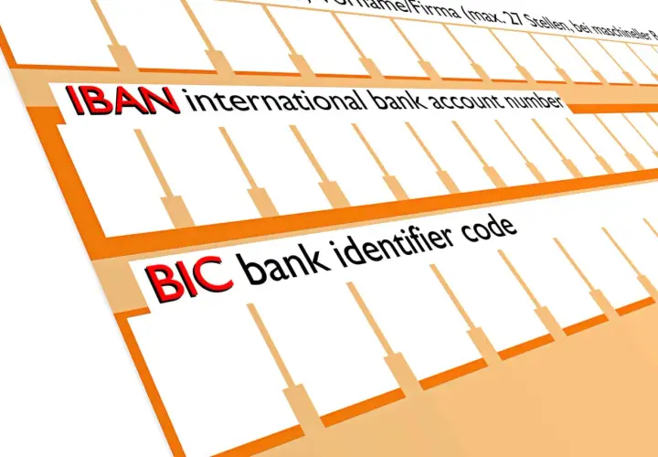 Formular z polami na IBAN i BIC. BIC to kod identyfikujący bank, niezbędny do międzynarodowych przelewów.