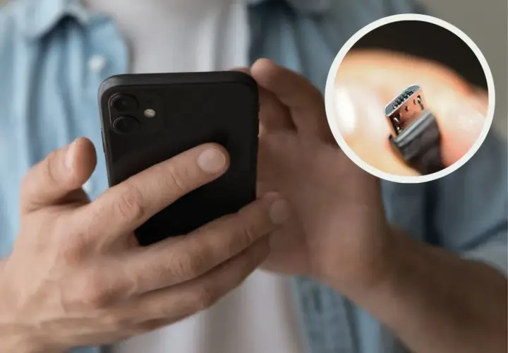 Dłonie trzymają czarny smartfon. W okręgu zbliżenie na wtyczkę USB-C, która pokazuje, jak ładować nowy telefon.