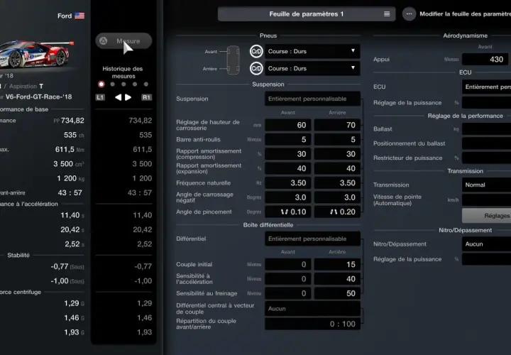 Paramètres de la Ford GT Race Car '18 dans Gran Turismo 7 : réglages suspension, pneus, aérodynamisme et ECU.